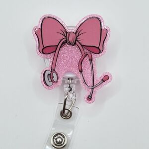 Pink Coquette Bow Glitter Stethoscope Badge Reel Belt Or Alligator Clip